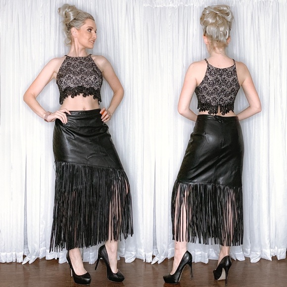 bagatelle Dresses & Skirts - Bagatelle Black Vegan PU Leather Fringe Midi Skirt
